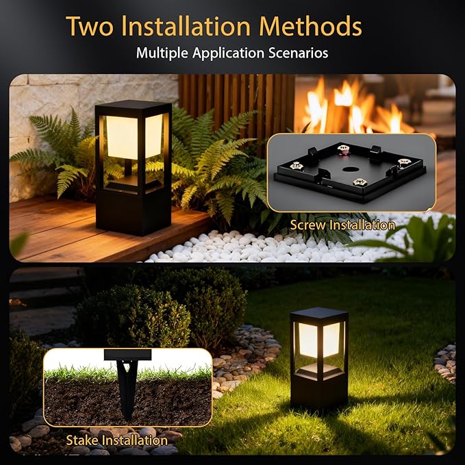 Solar Bollard Lights Outdoor, 13" Modern Led Landscape Pathway Lights Waterpoorf, Path Lighting for Garden Yard Decoration, 3CCT Seturable, Auto On/Off, Lawn and Concrete Mount (4 Pack)