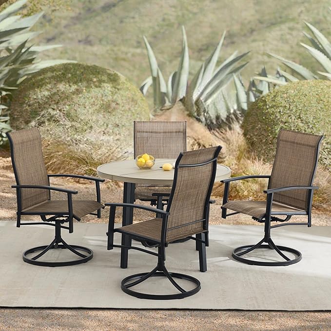 5 Piece Outdoor Dining Set, 42" Honey Oak Round Outdoor Dining Table with 4 Mocha Swivel Patio Table and Chair Set of 4 for Lawn, Garden, or Porch