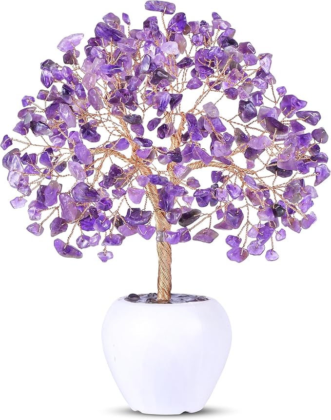 Amethyst Stone Chakra Crystal Tree Money Tree Feng Shui Gemstone Tree of Life with Pot Base, Good Luck Trees Christmas Home Office Desk Crystal Decor Ornament Stress Relief, Spiritual Insight