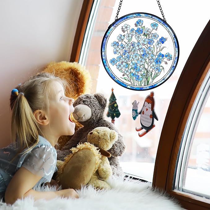 TNUW Blue Forget Me Not Flower Stained Glass Window Hanging, Blue Flower Sun Catchers Indoor Window Glass Round Wall Art Decor, Floral Botanical Wall Hanging Decorations, 7.9＂x7.9＂