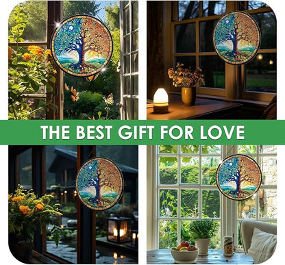 Tree of Life Stained Glass Window Hanging, 7.9" Sun Catcher Panel Boho Wall Art Decor with Chain, Hand Painted Round Glass Gifts for Couples, Housewarming Gift