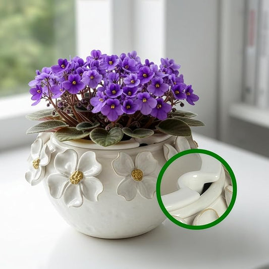 7.5” Ceramic Self Watering African Violet Planter with Hand-Sculpted petalsl Design – Durable Indoor Plant Pot for Orchids, Succulents, and Houseplants