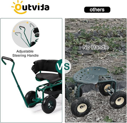 Outvita Rolling Garden Seat with Wheels, Gardening Stool with Height Adjustable 360 Degree Swivel Seat, Ergonomic Backrest, Tool Tray & Storage Basket, Outdoor Gardening Scooter Cart for Patio, Green