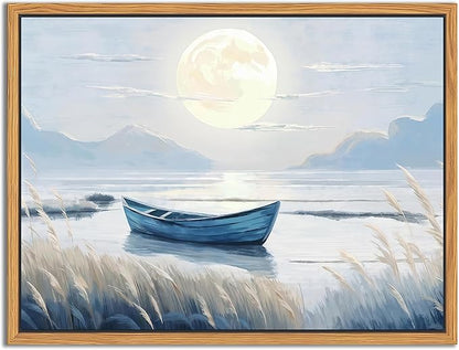 Floating Framed Coastal Bathroom Wall Art, Blue Beach Nautical Ocean Nature Canvas Picture, Blue Boat Moon Lake Mountain Sea Poster Print Painting, for Modern Home Bedroom Wall Decor 8x10 inch