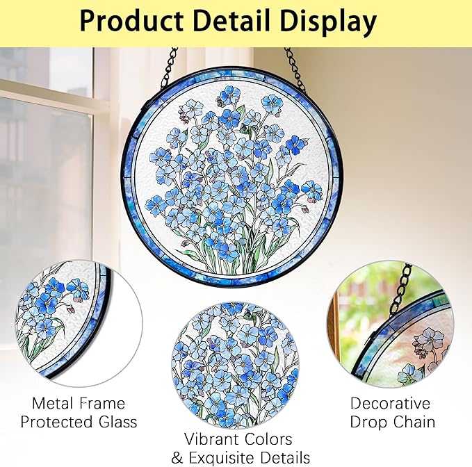 TNUW Blue Forget Me Not Flower Stained Glass Window Hanging, Blue Flower Sun Catchers Indoor Window Glass Round Wall Art Decor, Floral Botanical Wall Hanging Decorations, 7.9＂x7.9＂