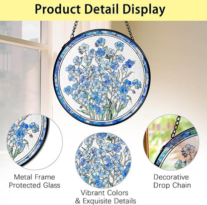 TNUW Blue Forget Me Not Flower Stained Glass Window Hanging, Blue Flower Sun Catchers Indoor Window Glass Round Wall Art Decor, Floral Botanical Wall Hanging Decorations, 7.9＂x7.9＂