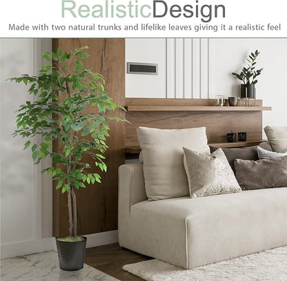6ft Artificial Ficus Tree in Black Metal Pot - Real Wood Trunk, Preassembled, No Maintenance Indoor Faux Plant - Living Room, Home & Office Decor