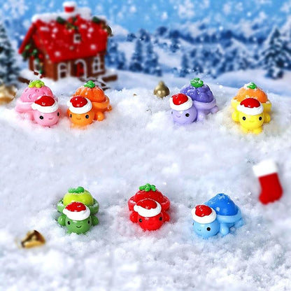 14PCS Mini Resin Turtles with Christmas Hat, Fruit Theme Turtle Figurines, Resin Animal Miniature Decor, Christmas Theme Figurine for Landscape Dollhouse Micro Fairy Garden Decoration Ornament