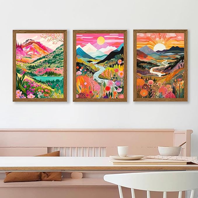DUWQU 3 Piece Colorful Watercolor Mountain Canvas Wall Art Boho Floral Painting Picture Wall Decor Abstract Nature Landscape Poster Print Artwork for Living Room Bedroom Office 12x16 Inch Wood Frames