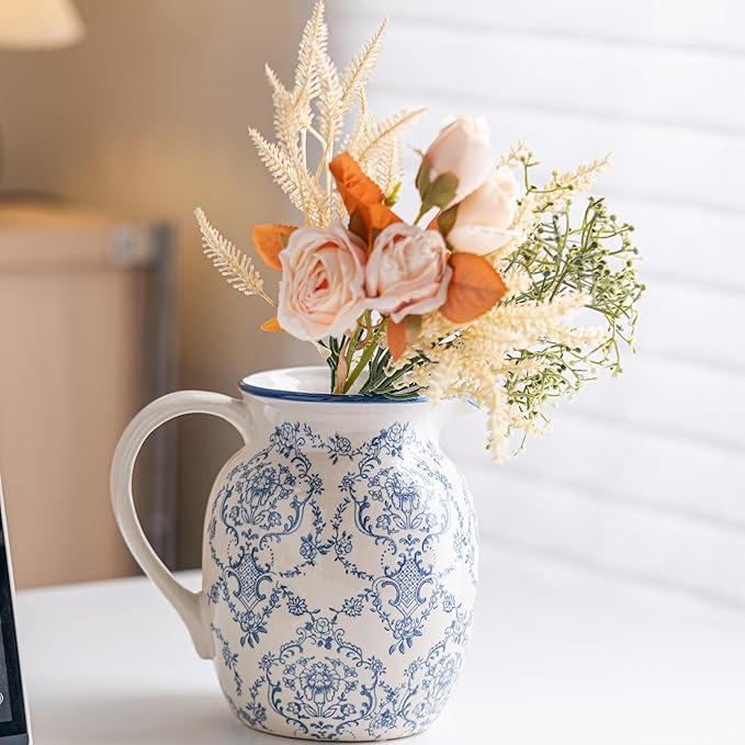 Blue and White Vase, Vintage Blue Ceramic Flower Vessel,Ceramic vases for Home Decor,Vintage Vase for Home Decor, Living Room, Shelf, Office, Rustic Table Centerpiece (Round with Handle)