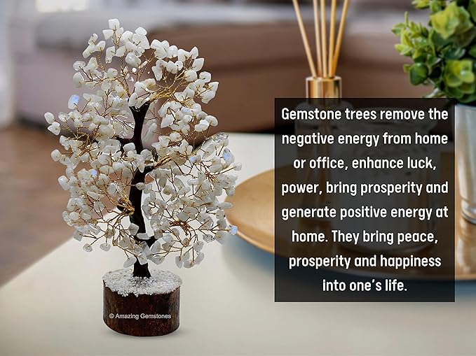 Rainbow Moonstone Natural Healing Premium Crystal Bonsai Feng Shui Fortune Money Tree of Life for Home Office Decor (Gift Box Ready,10-12 Inch)