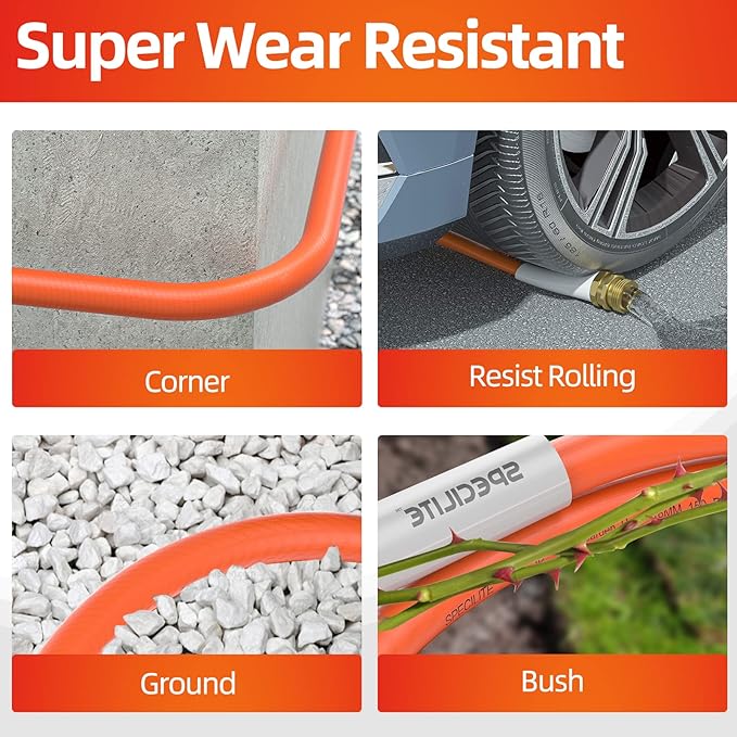 SPECILITE Garden Water Hose 25 ft x 5/8 in Heavy Duty, Flexible and Lightweight, Burst 600 psi, Kink-less Hybrid Rubber Pipe for Backyard, 3/4'' Brass Fittings, Orange