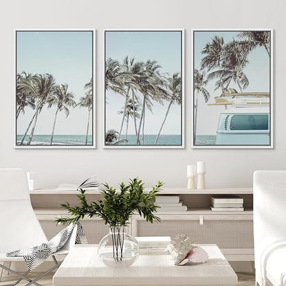 Ashbrook Framed Canvas Print Wall Art Set Retro Road Trip Palm Tree Beach Vacation Nature Wilderness Photography Realism Decorative Nautical Calm/Relax/Cozy for Bedroom - 24"x36"x3 WHITE