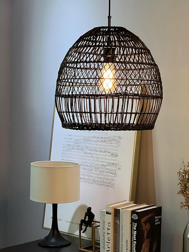 ELYONA 16” Large Rattan Pendant Light, Modern Black Wicker Chandelier, Hand Woven Boho Basket Hanging Light Fixtures for Farmhouse Dining Room Kitchen Island Living Room Bedroom Foyer (40cm*40cm)