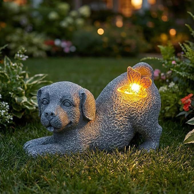 Solar Dog Statue with Butterfly Light, Outdoor Puppy Resin Garden Figurine for Patio Yard Lawn, Pet Memorial Gift for Dog Lovers.