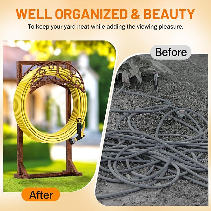Garden Hose Holder - Upgraded Water Hose Holders for Outside with 5 Spikes & 2 Shepherds Hooks, Freestanding Hose Stand Hose Hanger Hose Storage Hose Reel Rack for Yard Lawn(Antique Bronze)