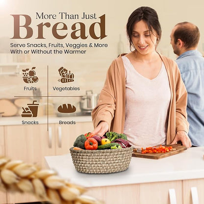 Bread Warmer Basket with Stone - Hand Woven Bread Basket With Warming Stone Included to Keep Your Loaf Warm! - Try Our New Hand-Crafted Bread Basket A Natural & Giftable Addition To Your Table