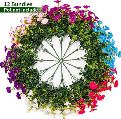 Lnoicy Artificial Flowers for Outdoor 12 Bundles Eucalyptus Fake Flowers for Planter,UV Resistant Fake Morning Glory for Home/Porch/Garden Decoration (Mix Color)