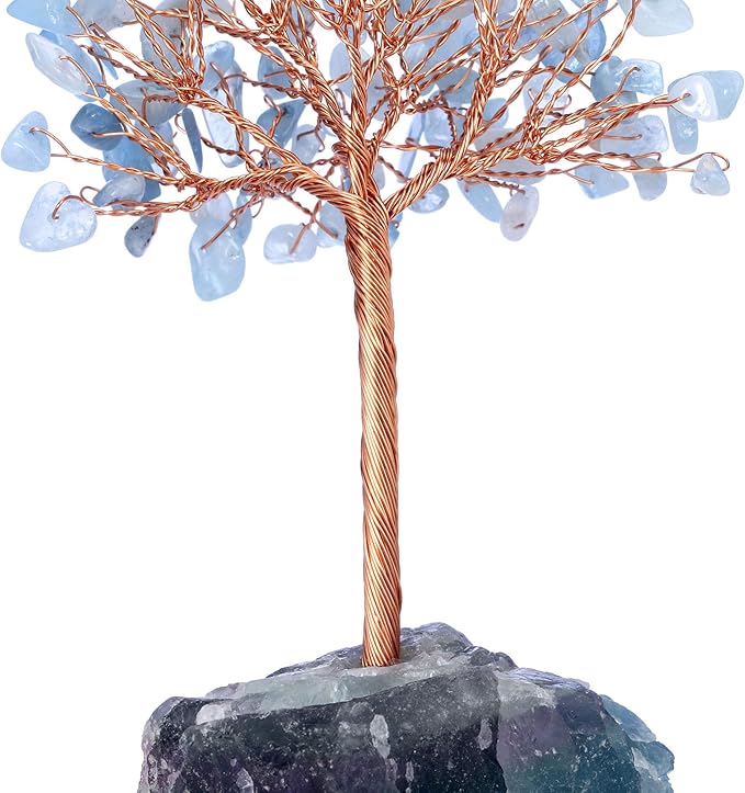 Jovivi Natural Aquamarine Crystal Tree, Raw Healing Crystals Fluorite Base Bonsai Money Tree for Home Office Table Decor Wealth and Luck