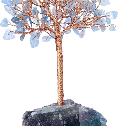 Jovivi Natural Aquamarine Crystal Tree, Raw Healing Crystals Fluorite Base Bonsai Money Tree for Home Office Table Decor Wealth and Luck