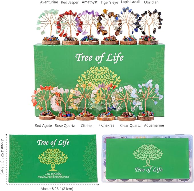 Runyangshi 12pcs Crystal Tree Set Tree of Life Natural Crystal Healing Stones with Wooden Base Gemstone Trees Fengshui Good Luck Positive Energy Home Decor