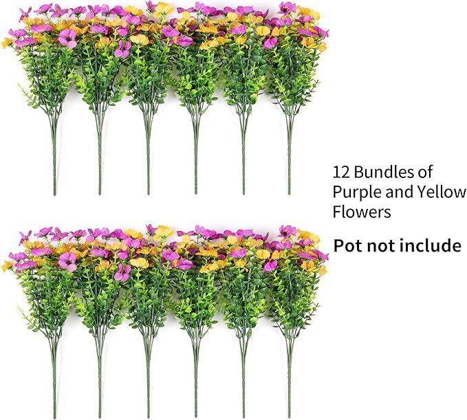 Artificial Fake Mums Flowers for Outdoor Fall Decor, 12 Bundles Faux Silk Plants Daisy for Planter Pot Colorful UV Resistant Look Real for Front Door Porch Patio Outside Yard(Purple Yellow)