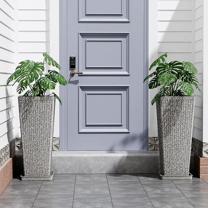 Tapered Tall Planters for Outdoor Plants 2 Pack- 23.6 Inch Heavy-Duty Classic Square Indoor Flower Pots with Drainage Holes/Partition/Tray, Large Outdoor Planters for Porch Patio, Gray