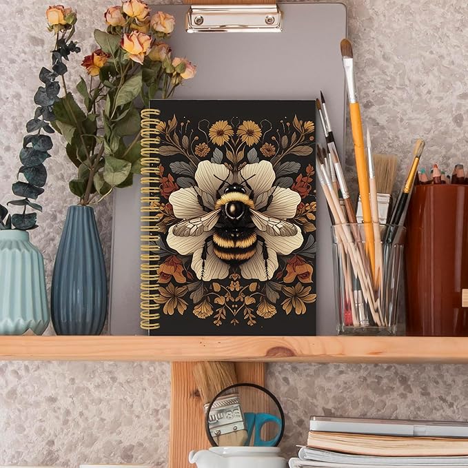 Vintage Bee Spiral Notebook, Retro Botanical Cottagecore Dark Honeybee Journaling Notebooks Gift for Teacher Women, Wildflower Plant Hardcover Journals for School Office, 160 Pages 5.5 x 8.3 Inch