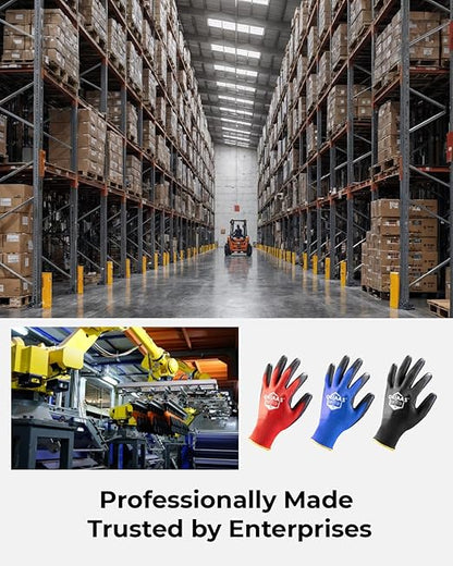 OKIAAS Work Gloves for Men, Ultra Thin and Lightweight Working Gloves with Grip, 12 Pairs Bulk Pack Construction Gloves with Polyurethane Coating for Light Duty Work (Green, X-Large)
