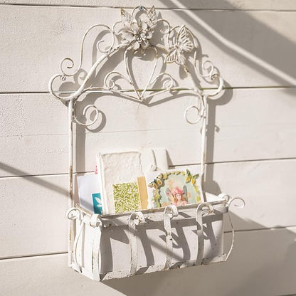Rustic Metal Wall Planter Vintage Wall Mounted Flower Pot Farmhouse Distressed Wall Hanging Plant Basket with Floral & Butterfly Decor for Indoor Outdoor Garden Home Yard (White#2)