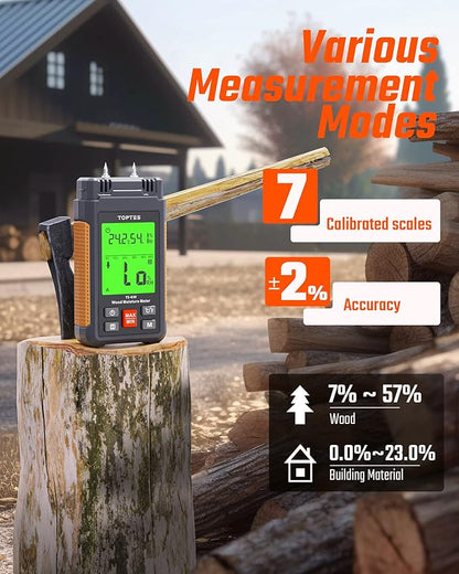 Wood Moisture Meter, TopTes Digital Moisture Meter TS-630, Handheld Humidity Tester with 2.25-inch LCD Display, Tricolor Backlight, Check The Dampness Level on Firewood/Drywall - Orange