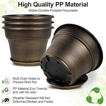 Plant Planters Pots Set of 4 Pack 13 Inch，Large Plastic Flower Pot for Indoor Plants with Drainage Holes & Trays, Resin Decorative Container Sets with Saucer for House Outdoor Garden Plant Dark Gold