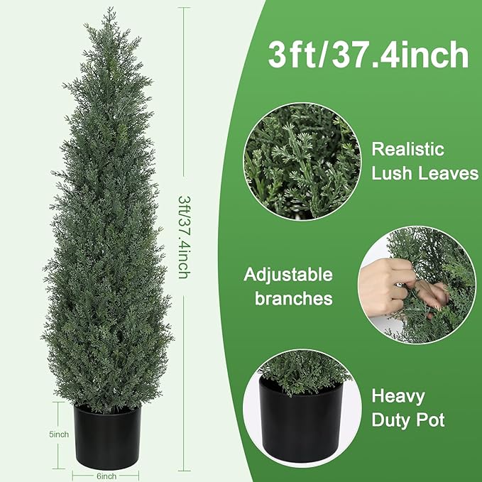 3FT Artificial Topiary Cedar Trees, 2-Pack Realistic Pre-Potted UV Resistant Faux Cypress Plants for Home Porch, Garden, and Entryway Decor