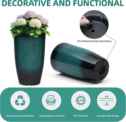 24" Tall Planters Set of 2, High-Density PP Ceramic-Look Outdoor Pots for Plants, Versatile Indoor/Outdoor Flower Pots w/Drainage Hole for Patio Garden Porch & Living Room Decor, Ideal Gift