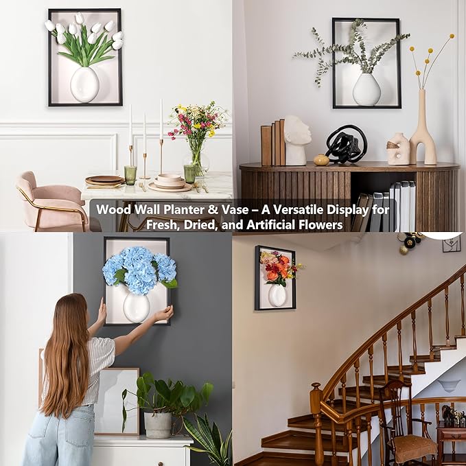 yimido Plant Picture Frame Wall Decor – Wall Planters for Indoor Plants, 3D Wall Art Frame with Ceramic Vase and Artificial Tulips, Hanging Plant Holder for Living Room, Bedroom, Hallway, Black