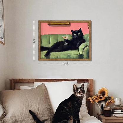 Framed Black Cat with Martini Wall Art Print, Whimsical Cute Cat Decor Paintings, Cocktail Art Bar Cart Decor, Funny Animal Canvas Pictures Aesthetic for Home Living Room Bedroom – 12x16 inch