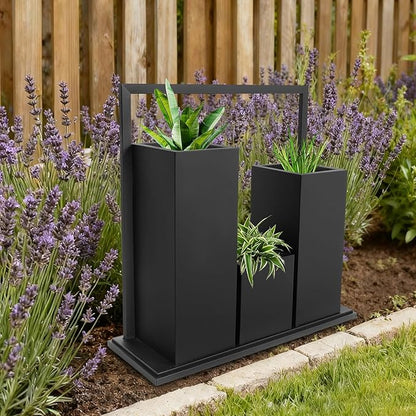 Modern Geometric Metal Planter Box for Indoor Outdoor, 31.5x11.8x31.5 Inches Black Steel Garden Raised Bed with Drainage & Stable Base,Heavy Duty Plant Pot for Patio, Lawn, Yard