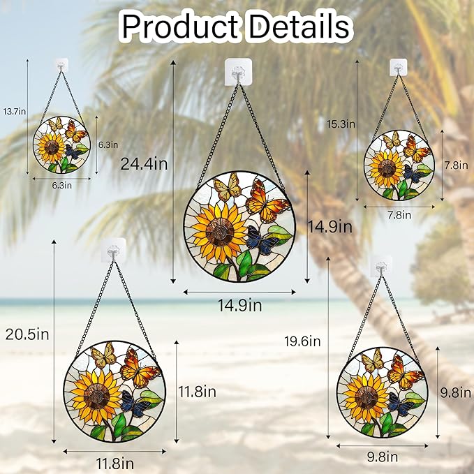Stained Glass Window Hanging, Butterfly and Sunflowers Sun Catchers Glass Panel Plant Insects Suncatcher Decor for Birthday for Women, Men, Wife, Aunt, and Mom 14.9x14.9 in