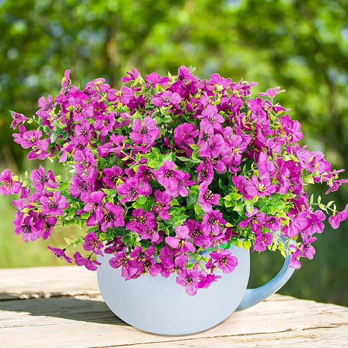 FGSAEOR 12 Bundles Artificial Flowers for Outdoor Indoor, Faux Flower Purple Daisy with Eucalyptus Leaves Fake Plants Greenery, Garden Home Decor for Boxwood Porch Patio
