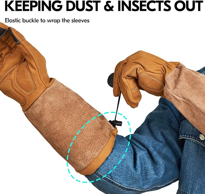 Vgo... Men's Extra-Long Leather Gardening Gloves, Gauntlet with Adjustable Cuff, Puncture & Thorn Proof, Touchscreen (SL6592)