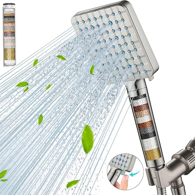 Cobbe Filtered Shower Head with Handheld, High Pressure 6 Spray Mode Showerhead with Filters, Water Softener Filters Beads for Hard Water - Remove Chlorine - Reduces Dry Itchy Skin, Brushed Nickel