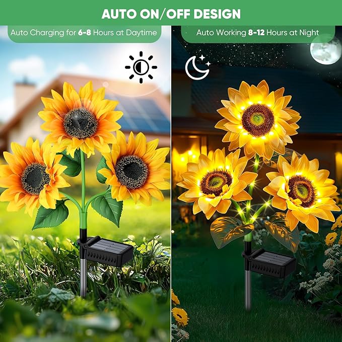 Sunflower Solar Lights Garden Decor: 6-Pack Artificial LED Solar Flower Lights Outdoor Decorations- Waterproof Patio Lamps for Outside Yard Pathway Walkway Porch - Spring Gardening Gifts for Women Mom