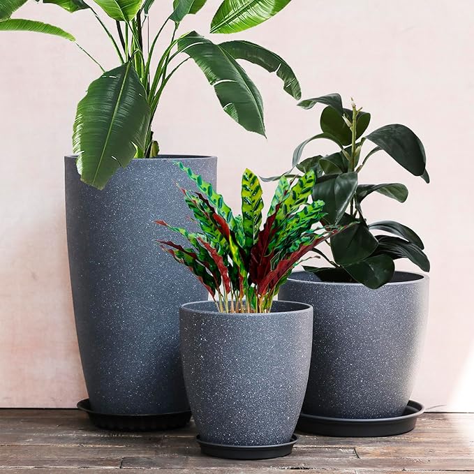 Garden Decorative Planters Plastic Tall Round Flower Pots with Drainage Hole & Saucer Cement Grey Surface Painting Robust & odourless, Modern Plant Pots for Porch Patio and All HousePlants Set of 3