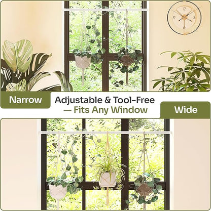 Bamworld Window Plant Hanger Indoor Adjustable Hanging Planters for Indoor Plants Spring Tension Rods 27''-51'' No Drilling Expandable Hanging Plant Holder for Hanging Basket for Balcony Decor (White)