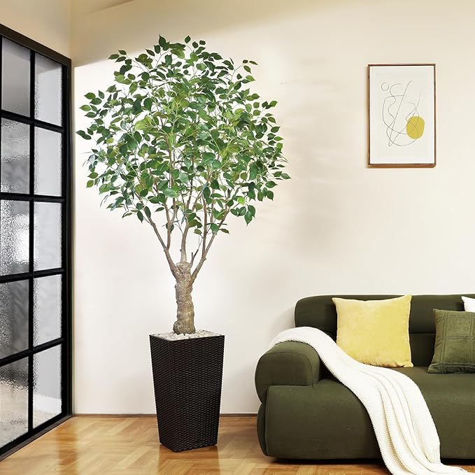 Ficus Artificial Trees Indoor Outdoor, 7ft Tall Fake Plants, Fake Ficus Silk Tree for Home Office Garden Patio Outdoor Modern Decor, 1 Pack