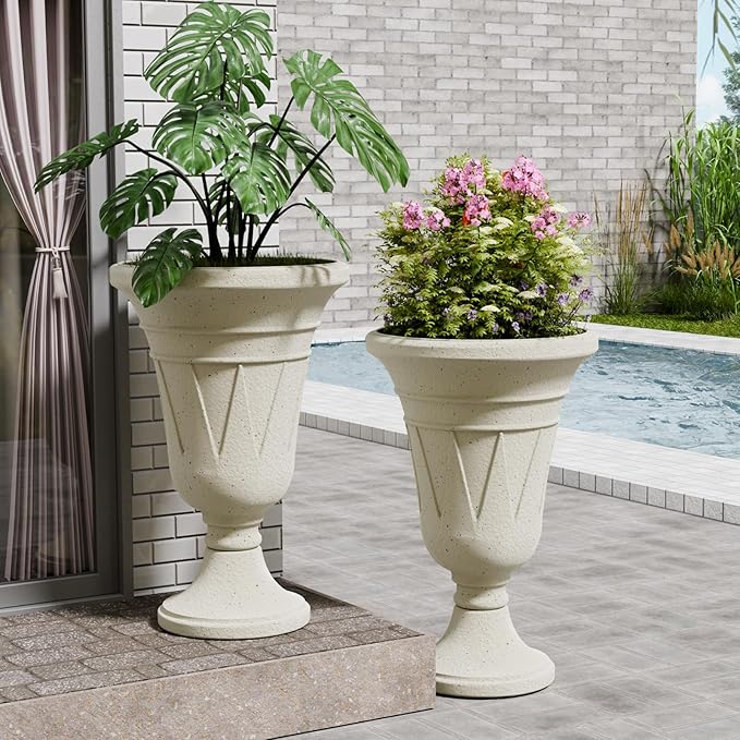 FONTOI 23" Tall Plastic Urn Planter (2-Pack) – Planters for Outdoor Plants with Drainage Holes & Trophy Design, Heavy-Duty Classic Indoor Large Flower Pots for Home Garden, Front Porch & Decor, White