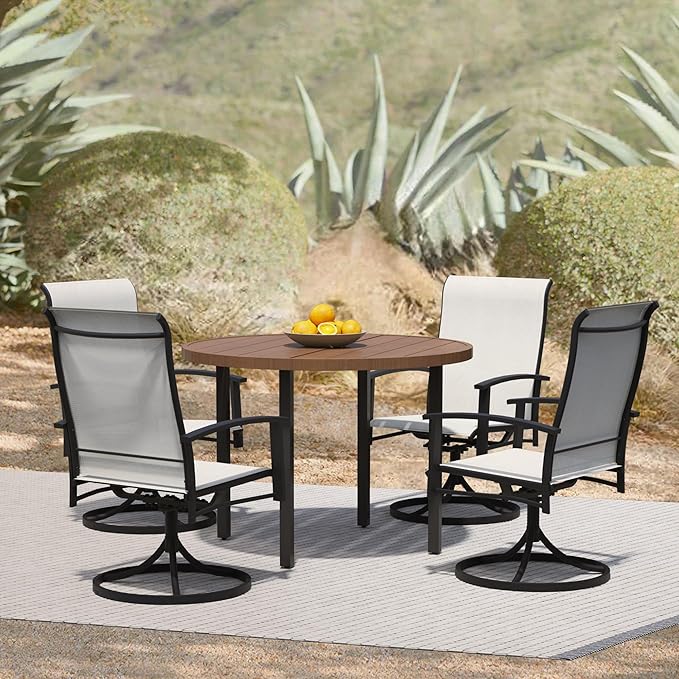 5 Piece Outdoor Dining Set, 42" Walnut Round Outdoor Dining Table with 4 Oyster Beige Swivel Patio Table and Chair Set of 4 for Lawn, Garden, or Porch