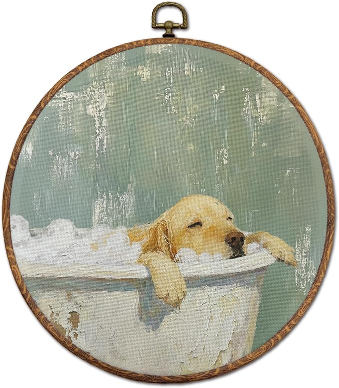 DEQSX Golden Retriever Bathroom Round Wall Art, Golden Retriever Gifts for Women, Funny Dog Sleeping in Bathtub Wall Decor Canvas Prints Posters for Washroom Bathroom, 10x10 Inches