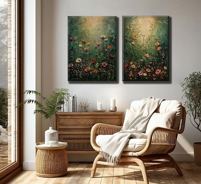 2Psc Vintage Framed Canvas Wall Art Dried Flowers Painting Picture Wall Decor Retro Moody Floral Botanical Poster Print Artwork for Bathroom Bedroom Living Room Gallery Home Decoration