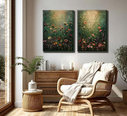 2Psc Vintage Framed Canvas Wall Art Dried Flowers Painting Picture Wall Decor Retro Moody Floral Botanical Poster Print Artwork for Bathroom Bedroom Living Room Gallery Home Decoration
